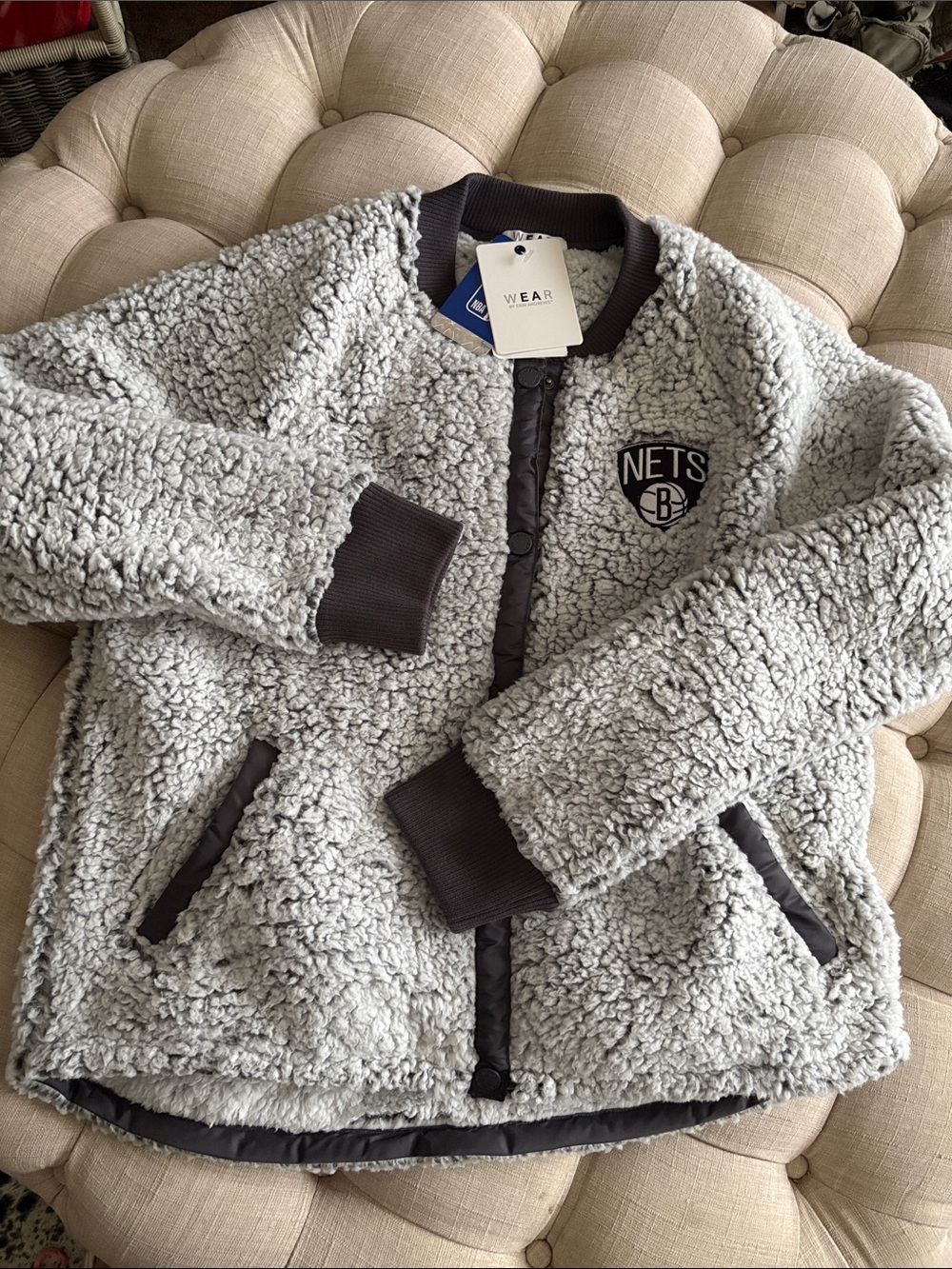 Gray Sherpa Teddy Jacket with Nets Patch - Women